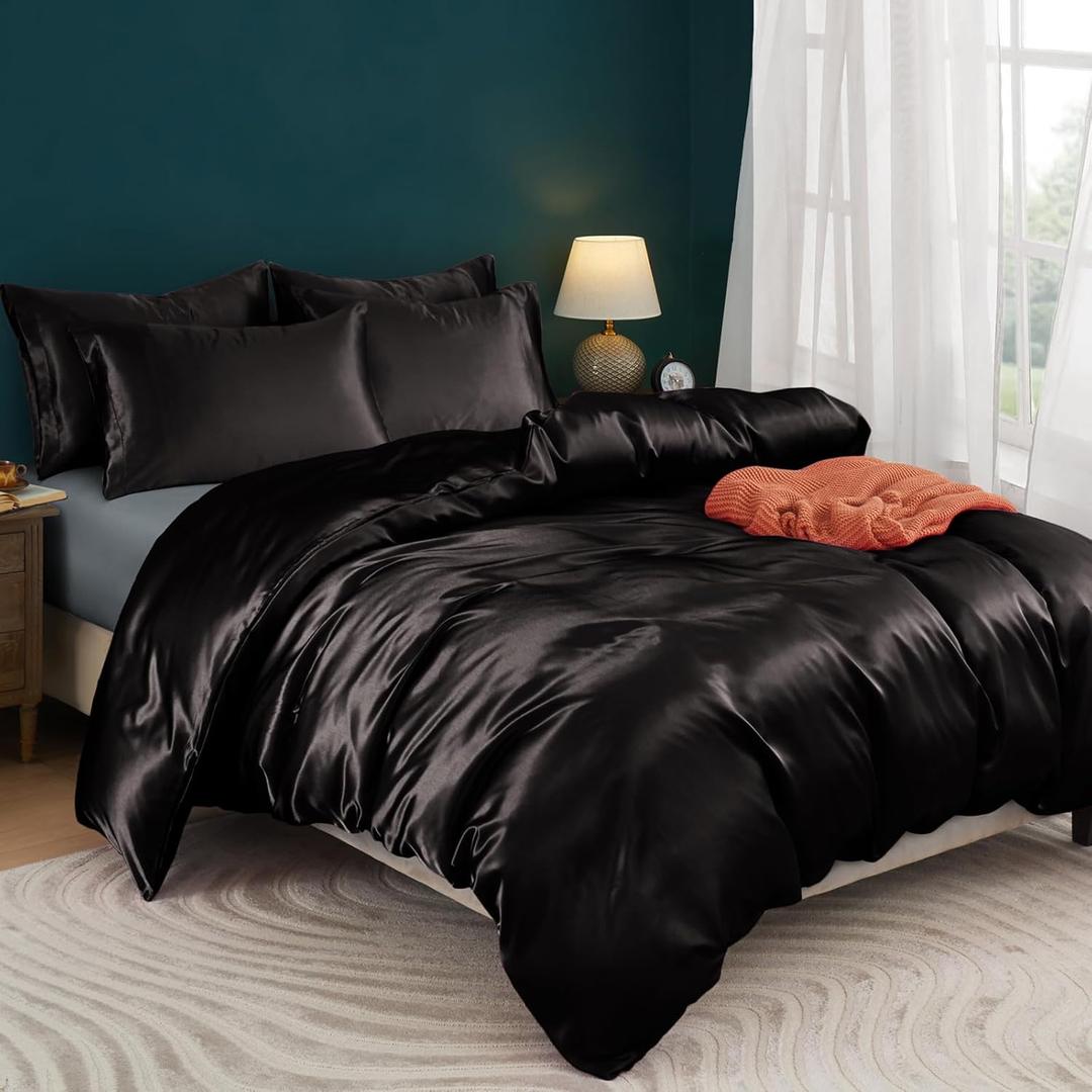 Horbaunal 5 Pieces Satin Duvet Cover Set Queen/Full Size Black Duvet Cover with Corner Ties & Zipper Closure, Luxury & Silky Bedding Set, 1 Duvet Cover and 4 Pillowcases (No Comforter)