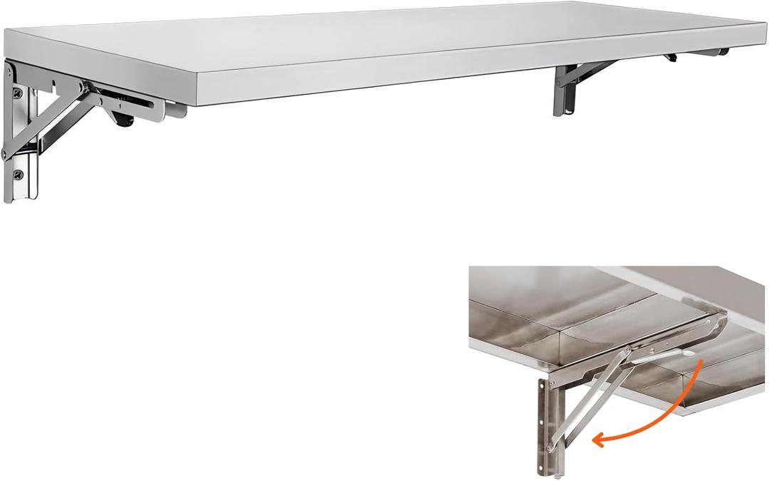 Folding Concession Shelf 48" L x 12" W, Stainless Steel Folding Serving Food Shelf, Heavy Duty Drop Down Wall Mount Shelving for Concession Windows, Food Truck, Kitchen, Garage, 12"x48"