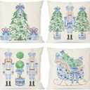 PANDICORN Christmas Blue and White Chinoiserie Throw Pillow Covers 18x18 Inch Nutcracker Sleigh Christmas Tree Bow Green Outdoor Grand millennial Decorations Xmas Pillow Cases, Set of 4 for Couch Decor