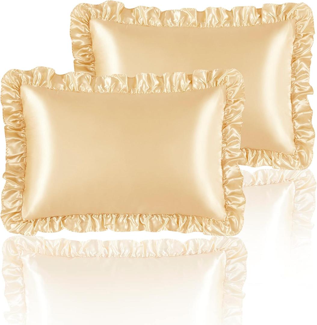 Silky Satin Ruffled Pillow Cases for Hair and Skin,Gold Silk Pillowcases Queen Set of 2 with Envelope Closure Princess Room Decoration