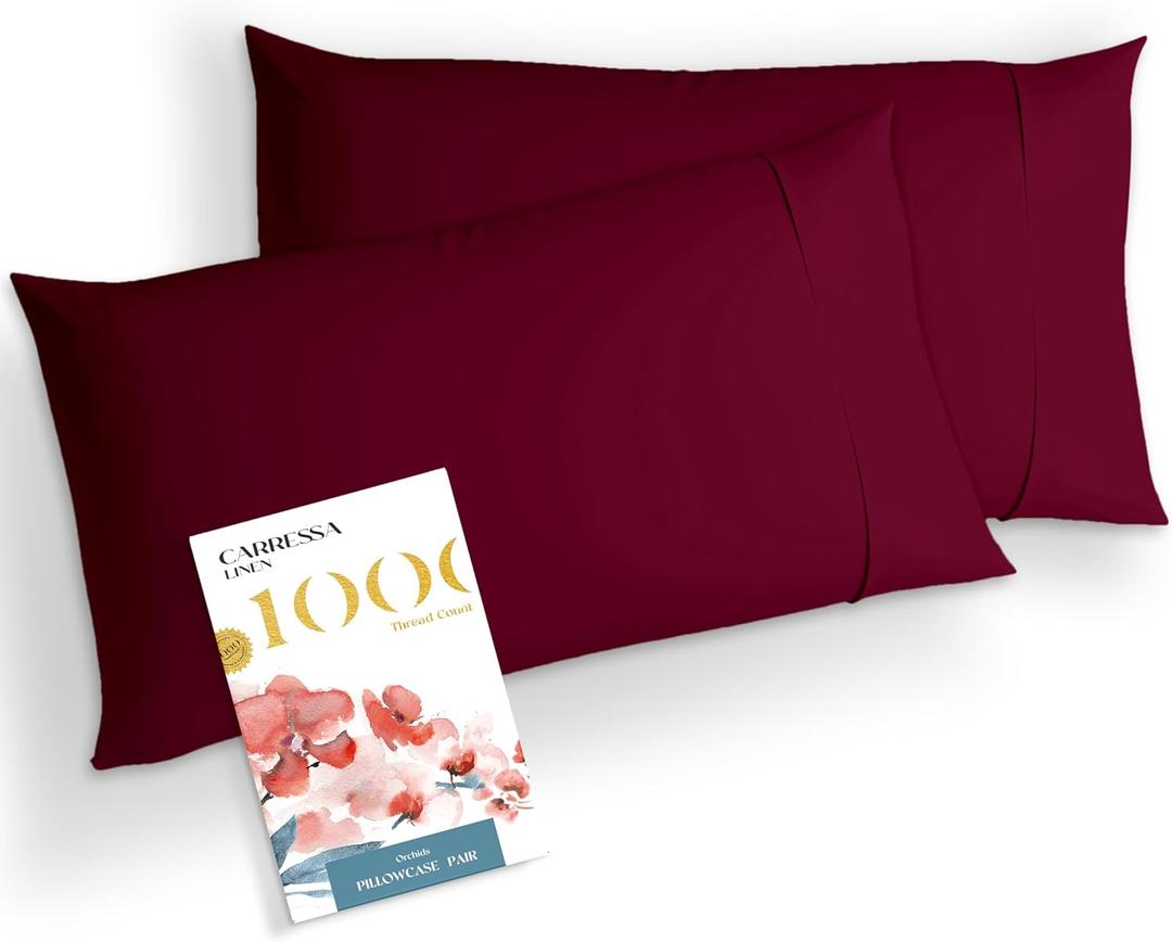 Carressa Linen 100% Egyptian Cotton Standard/Queen Size Pillow Cases Set of 2-1000 Thread Count Pillow Cover - Breathable & Cooling Burgundy Pillowcases Set of 2 for Standard/Queen Pillows