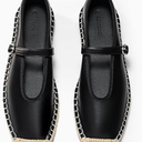 Coutgo Womens Espadrilles Mary Jane Flats Closed Sqaure Toe Ballet Flats Comfortable Dress Shoes, Black/PU, Size 7