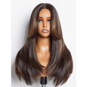 GORGIUS Highlight Lace Front Wig Pre Plucked Glueless Black and Brown Straight Layered Wig Upgraded with Premium Synthetic Fiber 22 Inch
