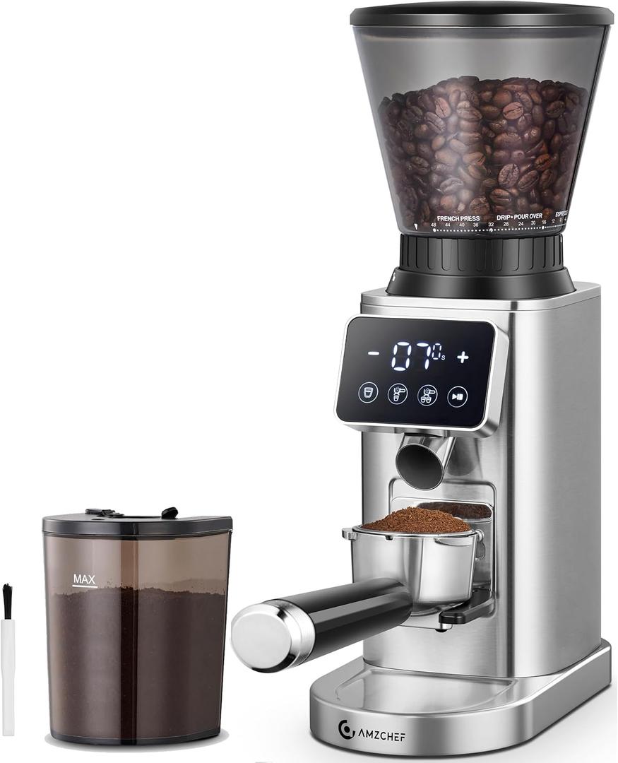AMZCHEF Coffee Grinder, Coffee Bean Grinder for Home Use with Precise Grinding, LED Control Panel, Detachable Funnel Stand, Anti-static Design, 48 Grind Settings, silver