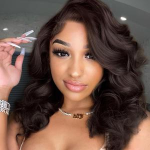 WIGER Short Wavy Wigs for Women Chocolate Brown Loose Wave Bob Hair Wig 14 Inch Side Part Shoulder Length Glueless Lace Part Hair Synthetic Curly Wig for Daily or Party (Dark Brown)