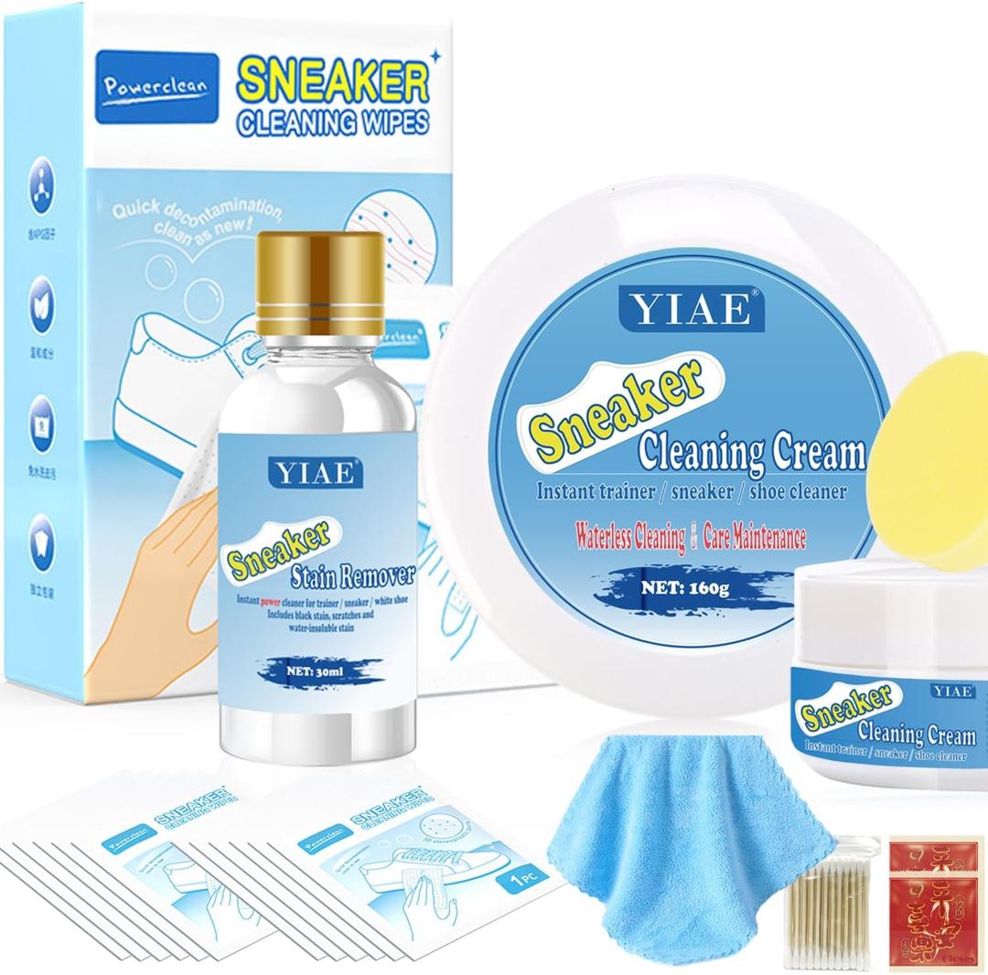 Sneaker Cleaning Kit, Multi Purpose Sneaker Cleaner White Shoe Cleaner Kit, Complete Shoe Care Set with Sneaker Cleaning Cream, Powerfully Shoe Stain Remover, 12 Shoe Wipes, Towel and more