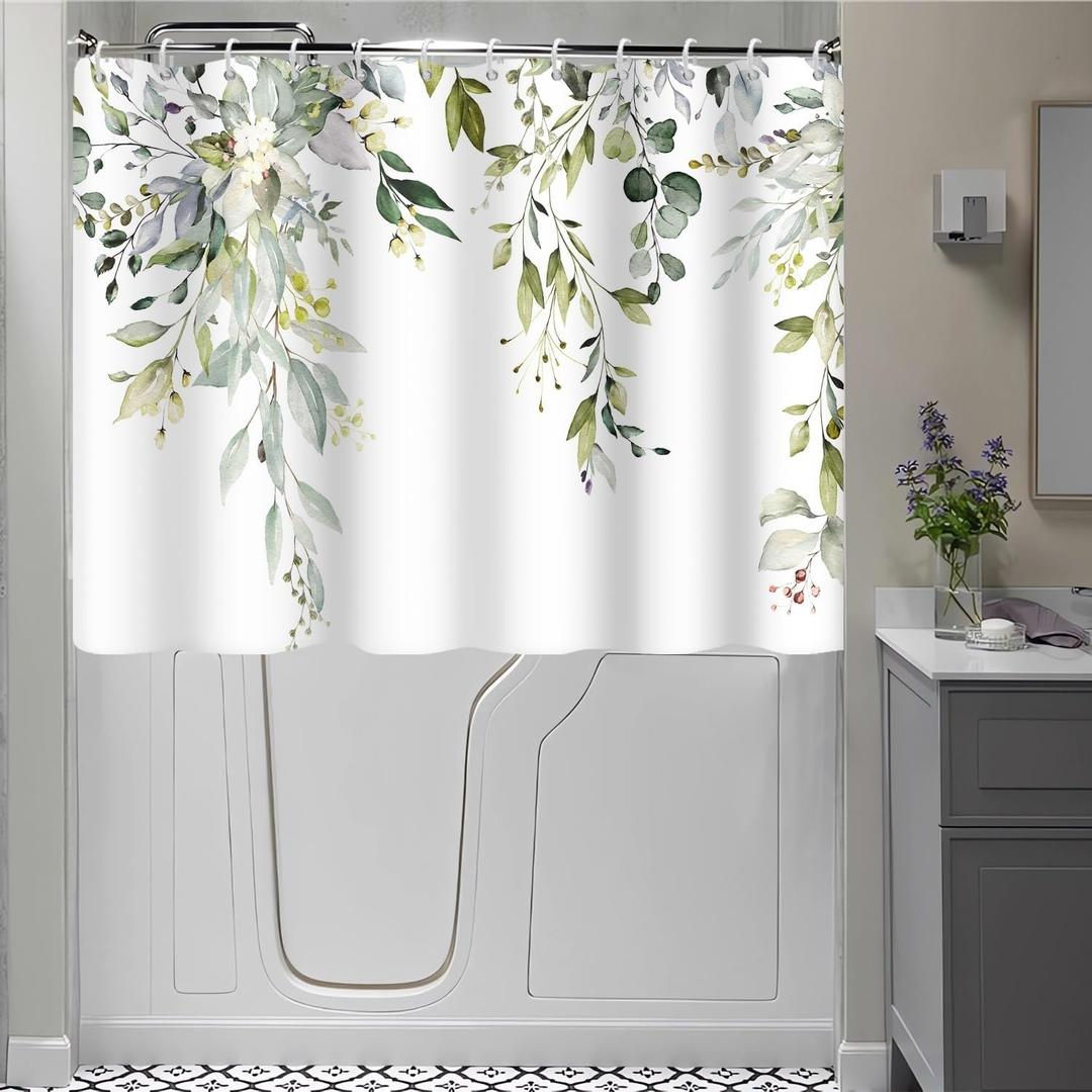 Short Shower Curtain, Waterproof Spring Green Eucalyptus Shower Curtain with Hooks for Walkin Tub or Step in Tub, 72x48 inch