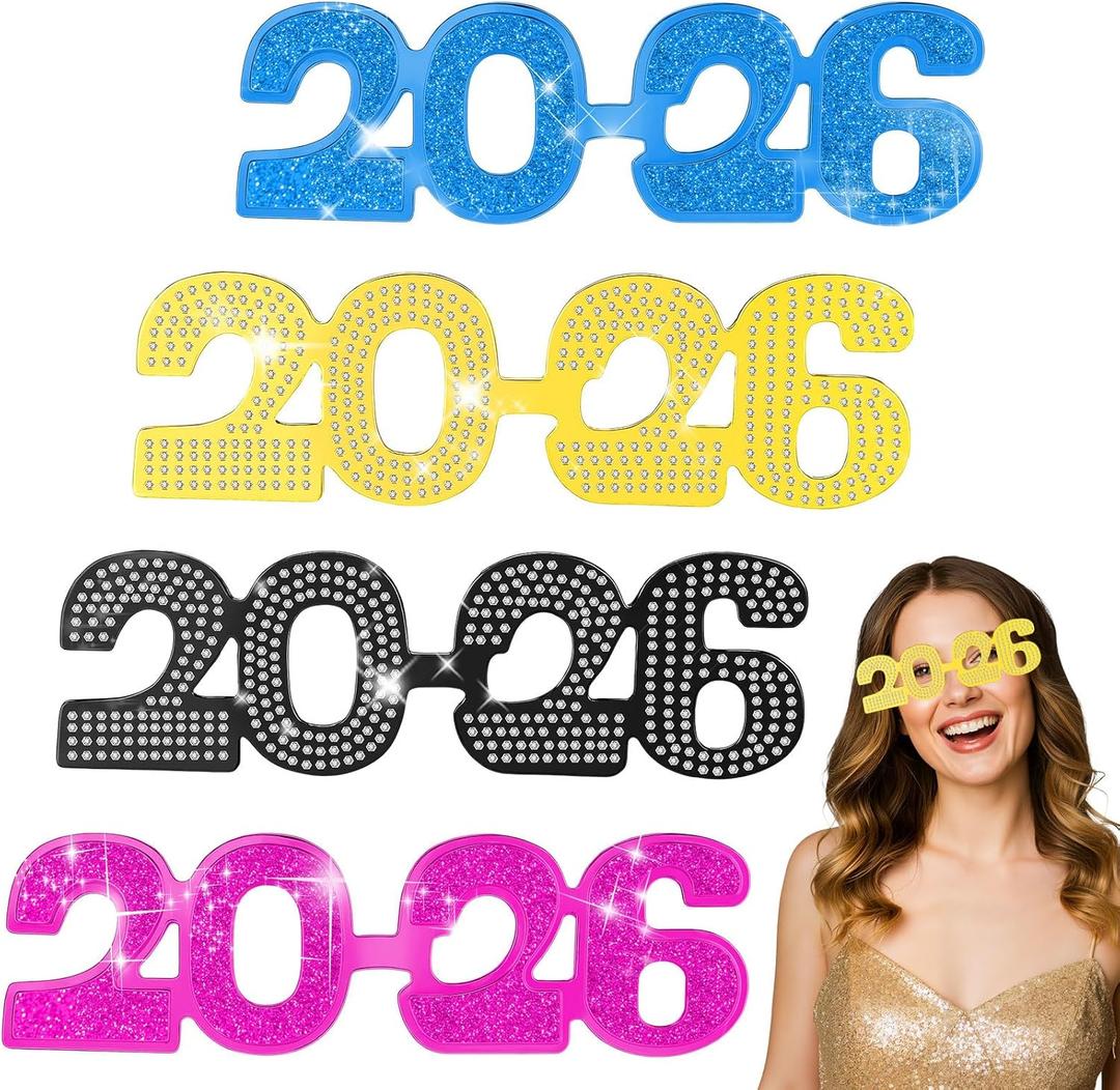 Relaxweex 4 Pcs 2026 Plastic Glasses Happy New Year Eve Glasses for 2026 Graduation Party Favors Glitter Photo Booth Props(Cute Style)