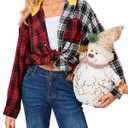 Womens Button Down Shirt Plus Size Blouse Shirts Tartan Plaid Color Block Casual Oversized Boyfriend Hooded Outwear Red (S)