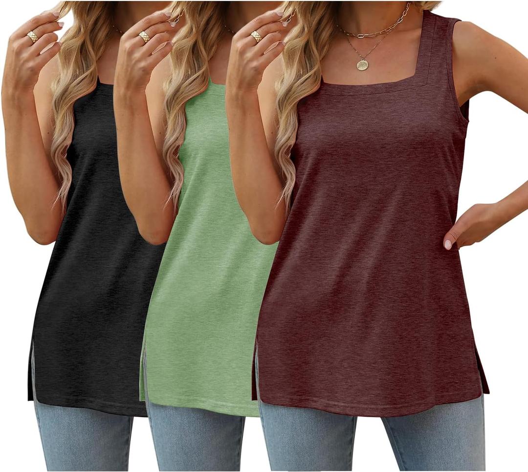 3 Pack Womens Tank Tops Summer Square Neck Tee Casual Sleeveless T Shirts 2025 Fashion Beach Vacation Clothes (X-Large, Black Redwood Lightgreen)