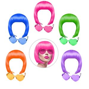 KUUQA 10 Pieces Party Wigs and Sunglass Set, Neon Short Bob Wig Sunglass Pack Costume Colorful Cosplay Wig Daily Party Hairpieces for Bachelorette Neon Party Favors, Halloween and Decorations