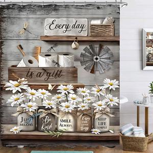 Famiffty Rustic Daisy Vintage Country Flower Shower Curtain 60Wx72L Inch Farmhouse Butterfly Brown Floral Wooden Plank Inspirational Cottage Style Bathroom Decor Waterproof Fabric 12 Plastic Hooks