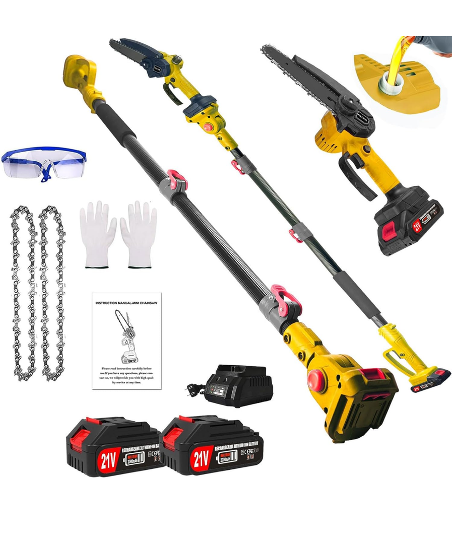 2-in-1 Cordless Pole Saw 6 Inch＆Mini Chainsaw, with 2Pcs 2.0Ah Battery Powered Chain Saw, 14 FT Max Reach Pole Saw, Auto Oiling System Pole Chainsaw for Tree Trimming, Wood Cutting