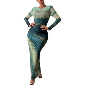 MARZXIN Women Long Sleeve Maxi Dress Bodycon Ruched Formal Slim Fit Tie Dye Dress Formal Mesh Dress (S)