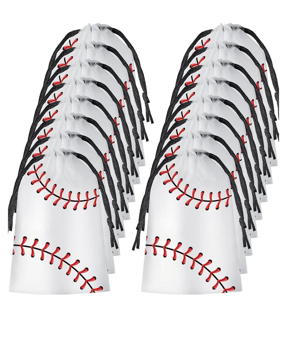 Flutesan 50 Pack 6 x 8 Inch Drawstring Baseball Party Favor Bags Plastic Baseball Snack Goodie Bags Gift Packaging Storage for Birthday Sports Theme Party Supplies