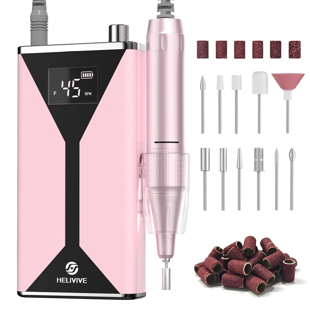 Professional Electric Nail Drill 45000RPM (Portable & Rechargeable) (with 11 Drill Bits ) Cordless Nail File Machine for Shaping, Polishing & Removing Gel Nails for Salon Home (Pink)
