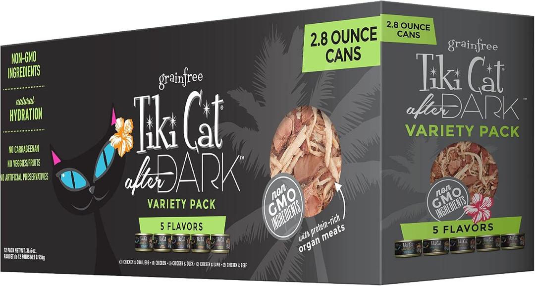 Tiki Cat After Dark, Variety Pack, High-Protein and 100% Non-GMO Ingredients, Wet Cat Food for Adult Cats, 2.8 oz. Cans (Pack of 12) (EXP 07/01/28)