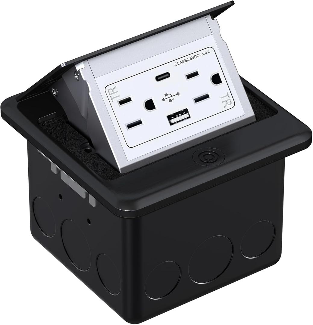 WEBANG Pop Up Floor Outlet Box with 15 Amp Tamper-Resistant Type A & Type C USB 5V/5.0A Recepatacle Outlet, Corrosive Resistant Hardware, ETL Listed, Black