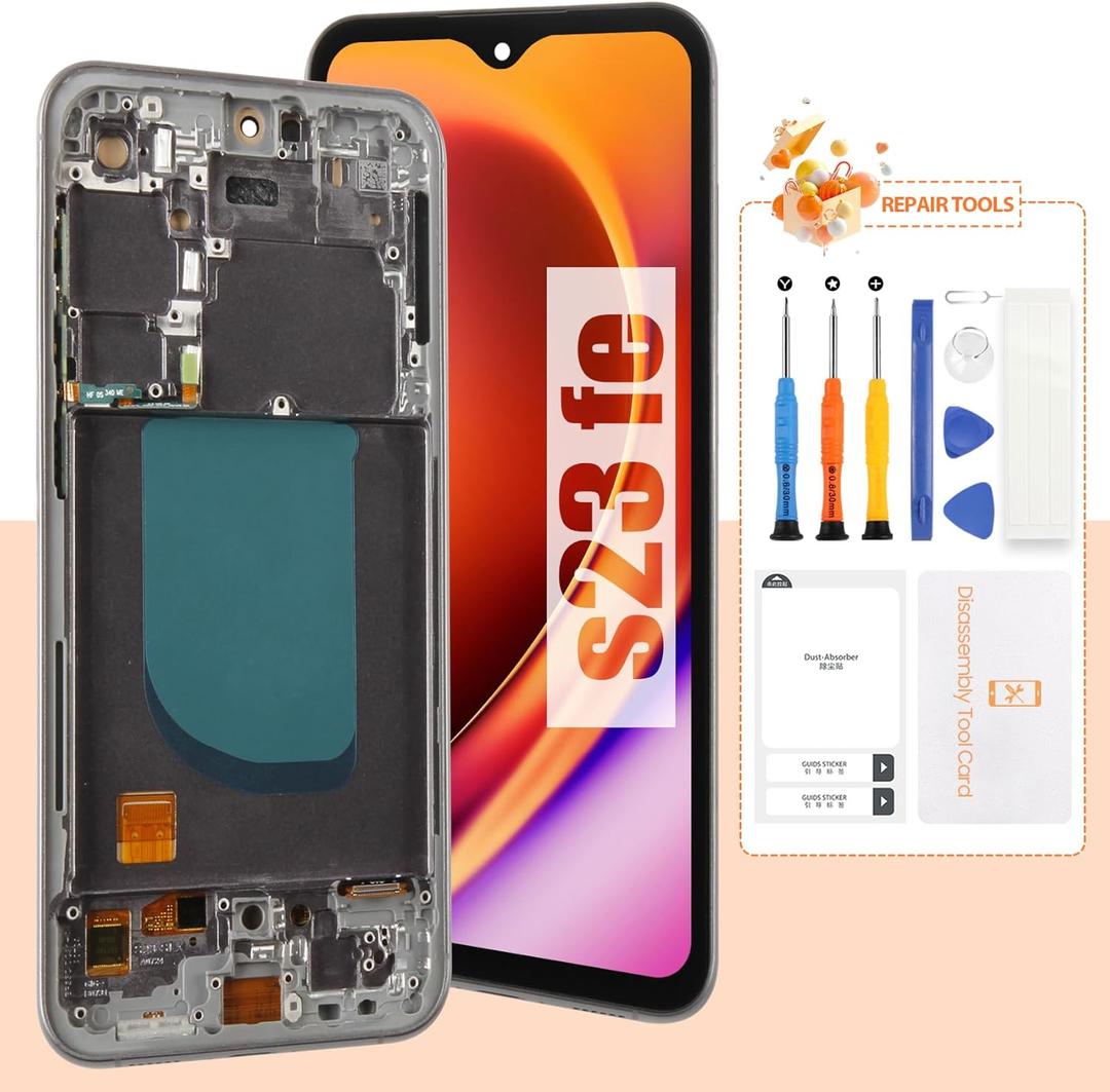 OLED Screen for Samsung S23 FE Screen Replacement for Samsung S23 FE LCD Screen SM-S711B,SM-S711U Touch Display Digitizer Assembly Repair Parts with Frame(Black with Fingerprint Function)