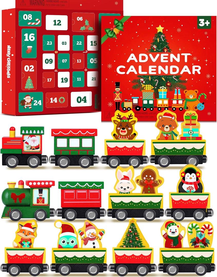 Toddler Advent Calendar 2025-24 Days Magnetic Wooden Animal Train Set Christmas Advent Calendar 2025 for Kids, Countdown Calendar Gifts Montessori Train Stocking Stuffer for Toddlers, Boys and Girls