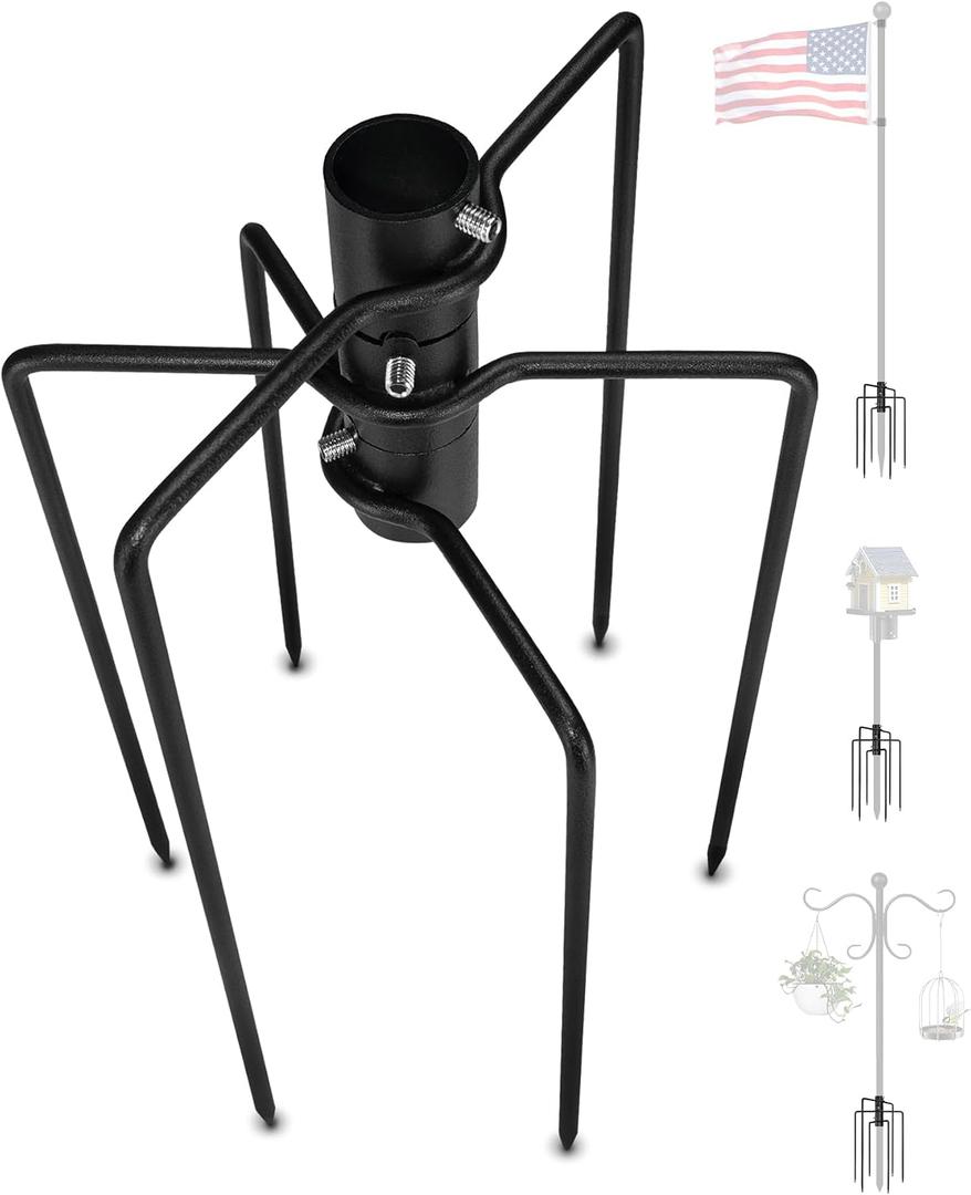 304 Stainless Steel Pole Stabilizer Stand Base: Heavy Duty with 6 Sharp Prongs for 0.7" to 1.1" Outdoor Bird Feeder House Shepherd Hook Flag Yard Poles Rust Wind Resistant, Black, 3 PCs