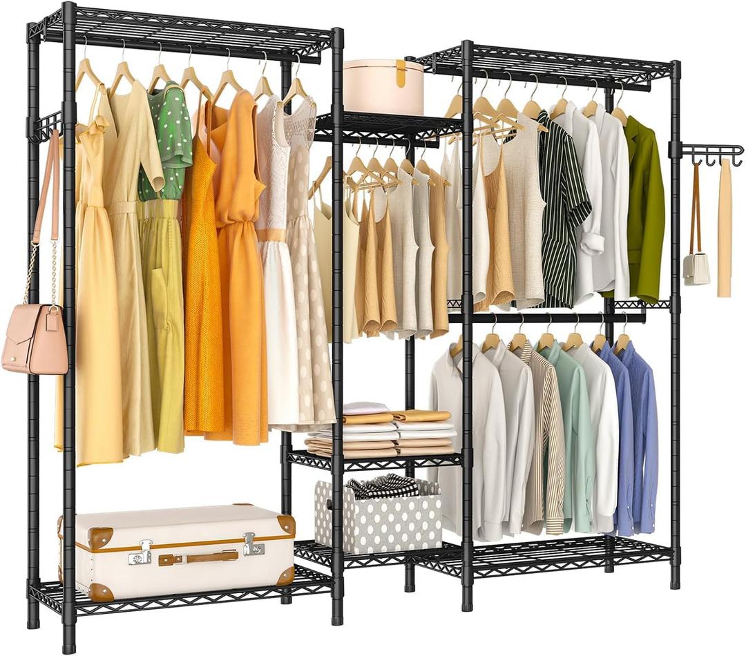 Exglobol Heavy Duty Garment Rack, Portable Wardrobe Clothes Rack Freestanding Adjustable Clothing Rack with 7 Tiers Adjustable Wire Shelving and 4 Hanger Rods, Max Load 920LBS, Black