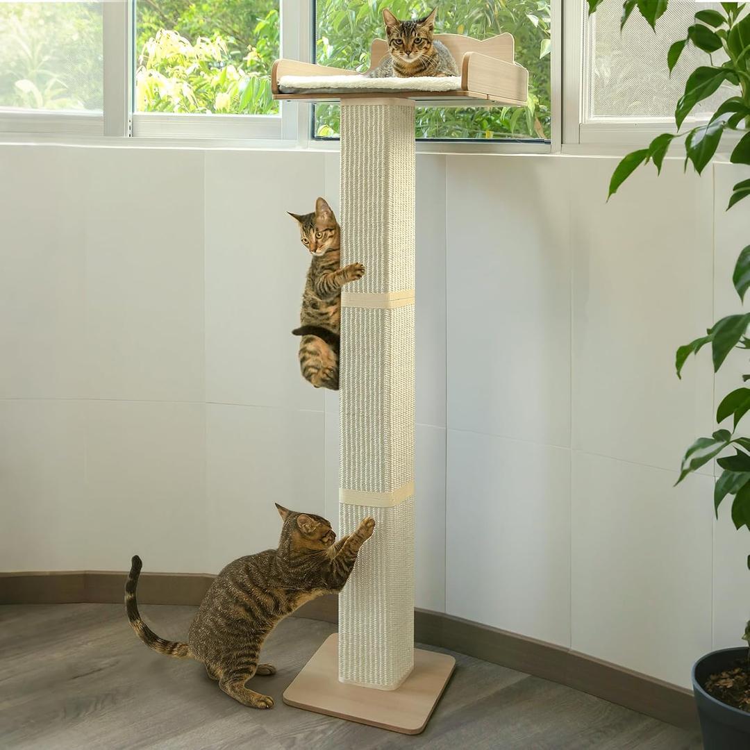 Cat Window Perch with Thick Sisal Scratching Post, Cat Hammock for Window, 53.5" Adjustable Tall Cats Scratching Post with 2 Upgrade Suction Cups, Cats Window Bed with Fluffy Cushion, Jute