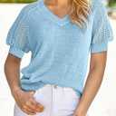 Dokotoo Women's Casual Short Sleeve Loose Crochet Tunic Tops Lightweight Knit Pullover Sweater Blouses (Blue)