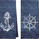 Navy Nautical Dish Towels Set - Nautical Waffle Weave Hand Towels for Bathroom, Nautical Kitchen Tea Towels, Ocean Themed Navy Blue Hand Towels (16x24 Set of 2)