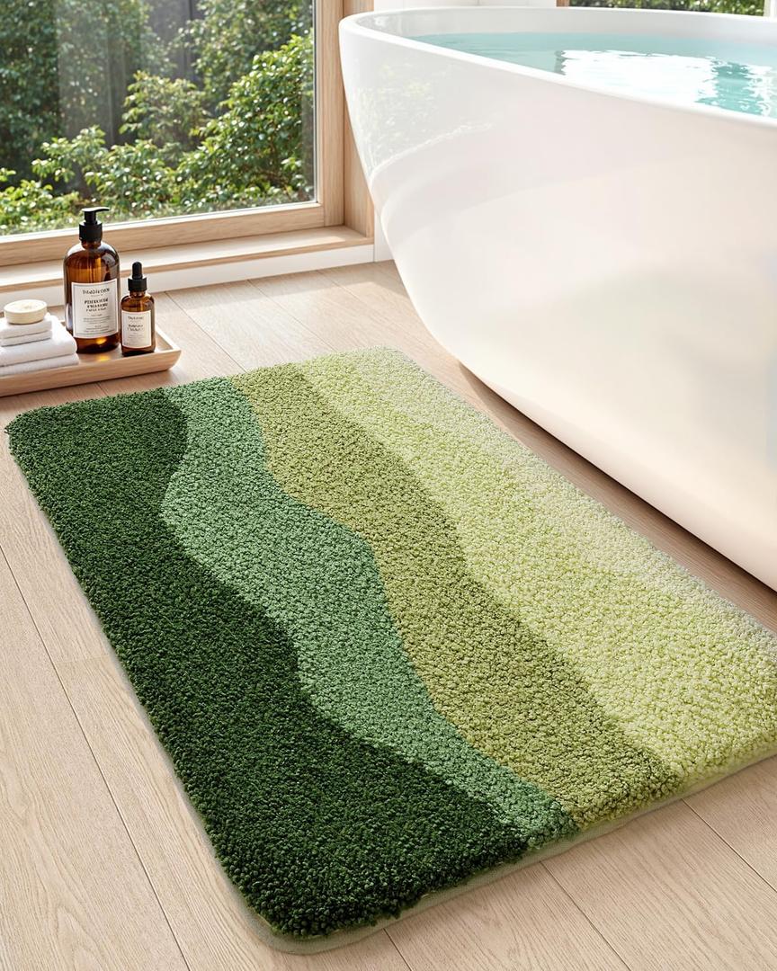 DEXI Bathroom Rugs Non Slip, 16x24 Washable Microfiber Bath Mat Quick Dry, Absorbent Ultra Soft Natural Mountains Bathmat for Shower Floor Tub Sink, Green