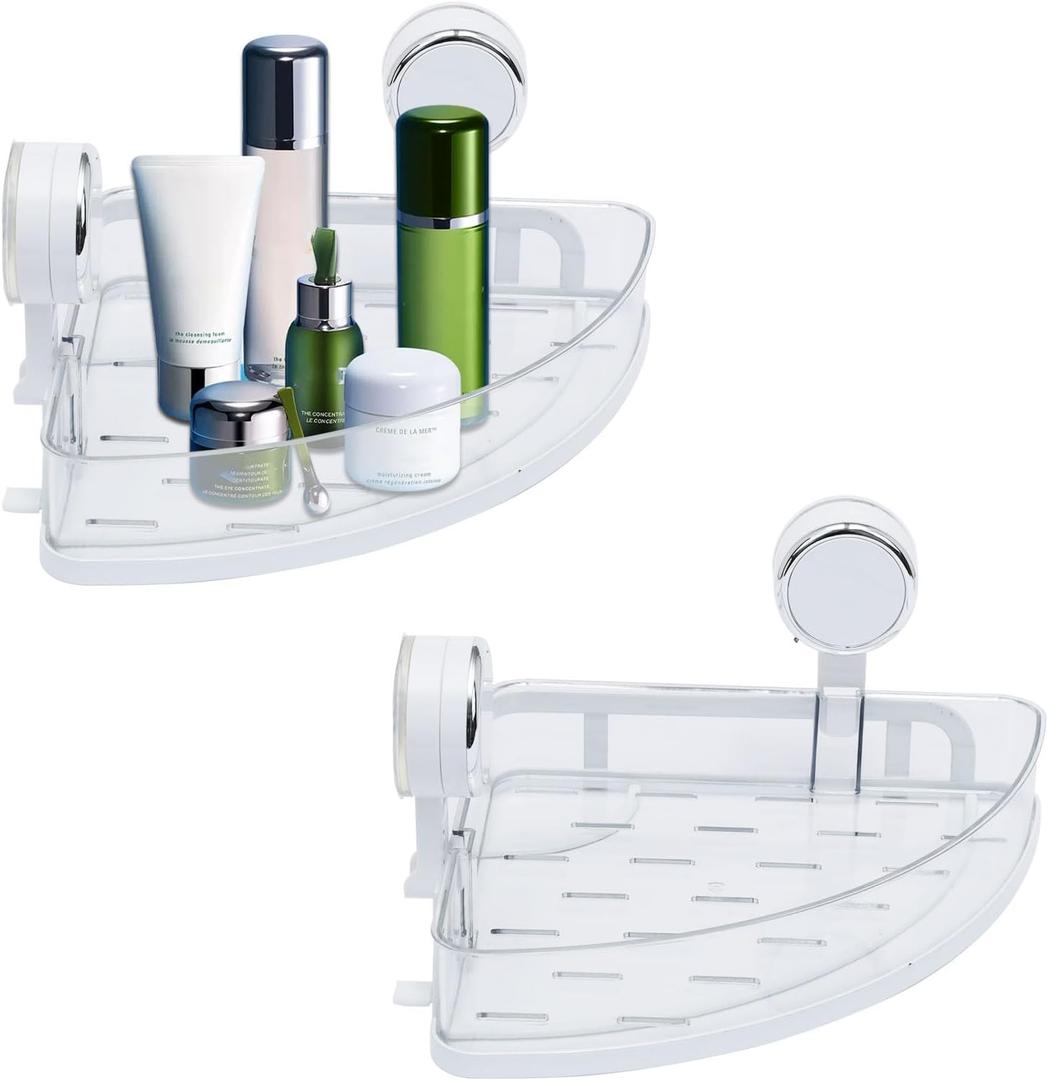 Shower Caddy 2 Pack,Bathroom Shelves,Powerful Suction Cup Corner Shower Shelf,Bathroom Organizers and Storage Baskets with Drainage Bottom,No Drilling Wall Bath Decor & Accessories,Soap Holder,White