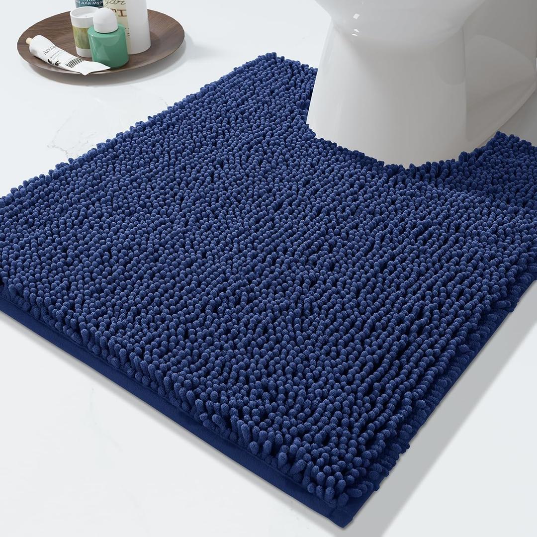 Yimobra Chenille Toilet Rug U-Shaped Washable - 24"x20" Non Slip Contour Bath Mat - Super Luxury Soft Absorbent Quick Dry Rugs for Bathroom Toilet Base - Navy Blue