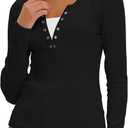 Beaully Women's Long Sleeve Henley Tops Ribbed Knit Slim Fitted Trendy T Shirt Basic Tees Layer 2026 Spring Fashion Outfits (Black, M)