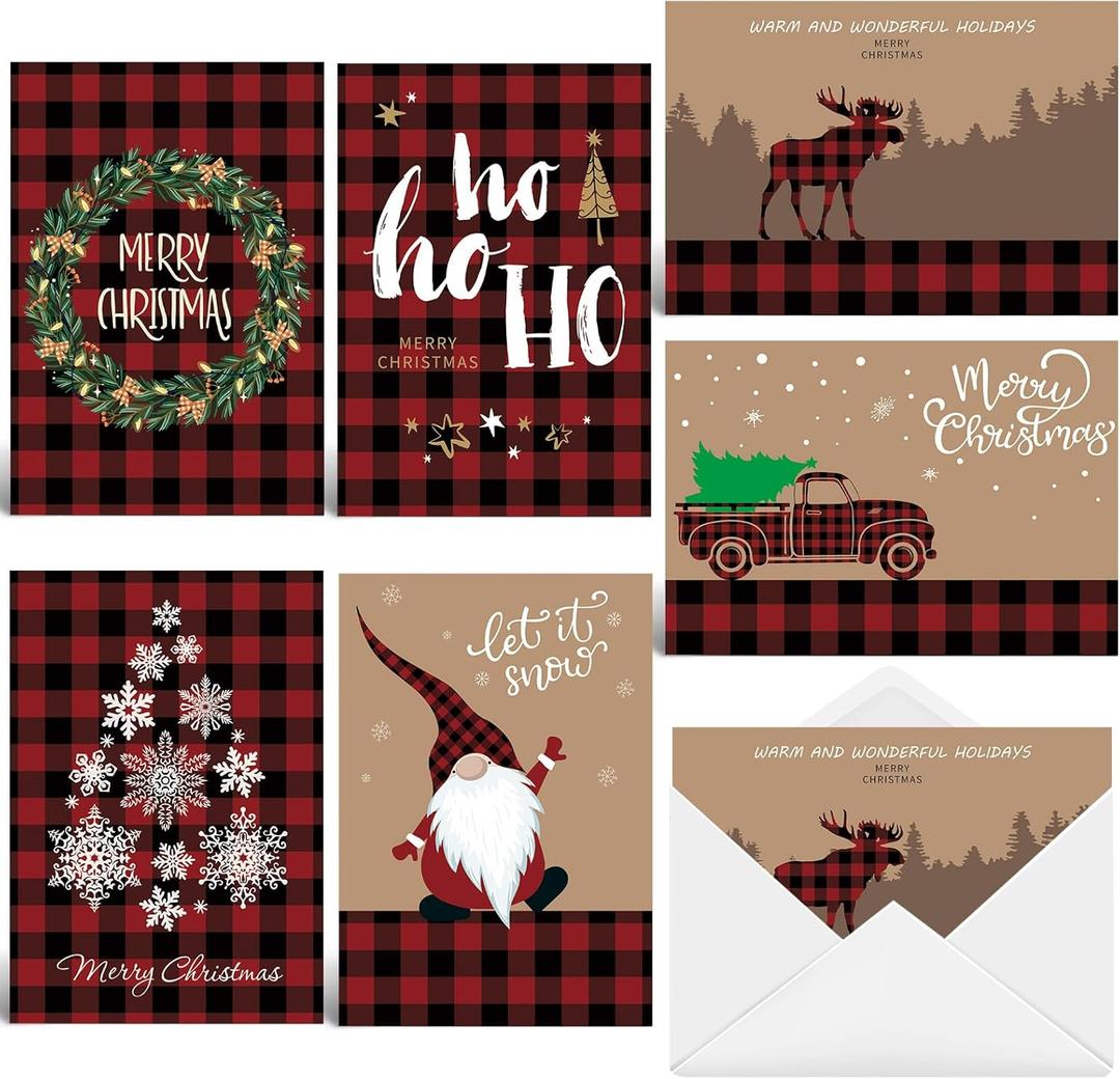 24 Pack Christmas Cards Set Merry Christmas Holiday Greeting Cards with Envelopes Cute Buffalo Plaid Pattern Boxed Christmas Cards Assortment 5 x 7.2 Inches, 6 Designs