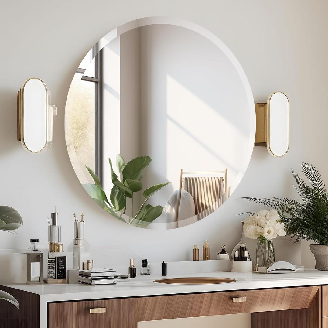 24 Inch Round Frameless Bathroom Mirror, Beveled Round Mirror, Circle Vanity Mirror with 1" Beveled Edge for Bathroom, Entryways, Living Room