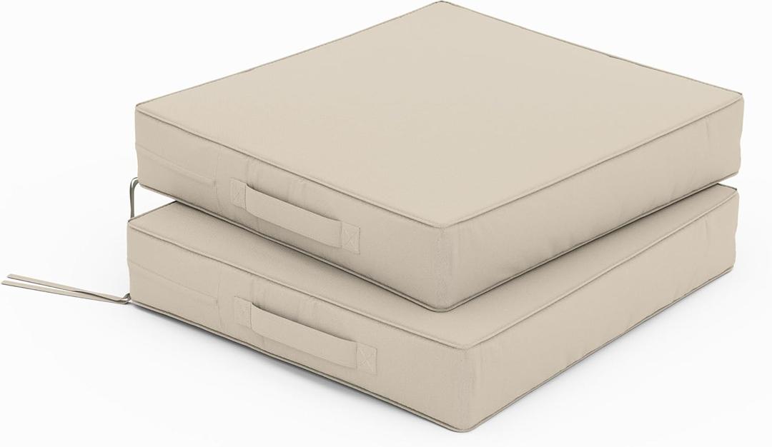 Patio Chair Cushions 17 x 16 x 3 Inch Waterproof Outdoor Seat Cushions for Patio Furniture, Outdoor Sofa Couch Pads with Ties & Handle, Set of 2, Cream
