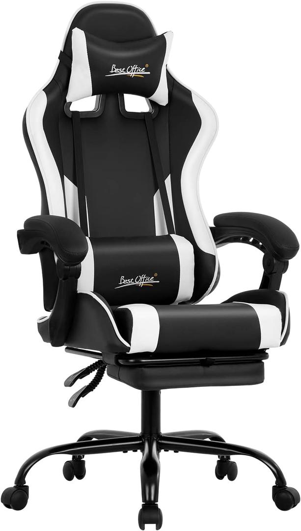 Gaming Chair Office Chair Desk Chair with Footrest Lumbar Support Headrest Armrest Task Rolling Swivel Ergonomic E-Sports Adjustable PC Gamer Chair (White)