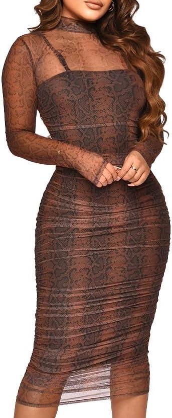 MOEENCN Sexy Long Sleeve Midi Dress for Women Sheer Mesh Printed 2 Piece Skirt Set Crew Neck Bodycon Party Clubwear Dresses (Medium, Beige)
