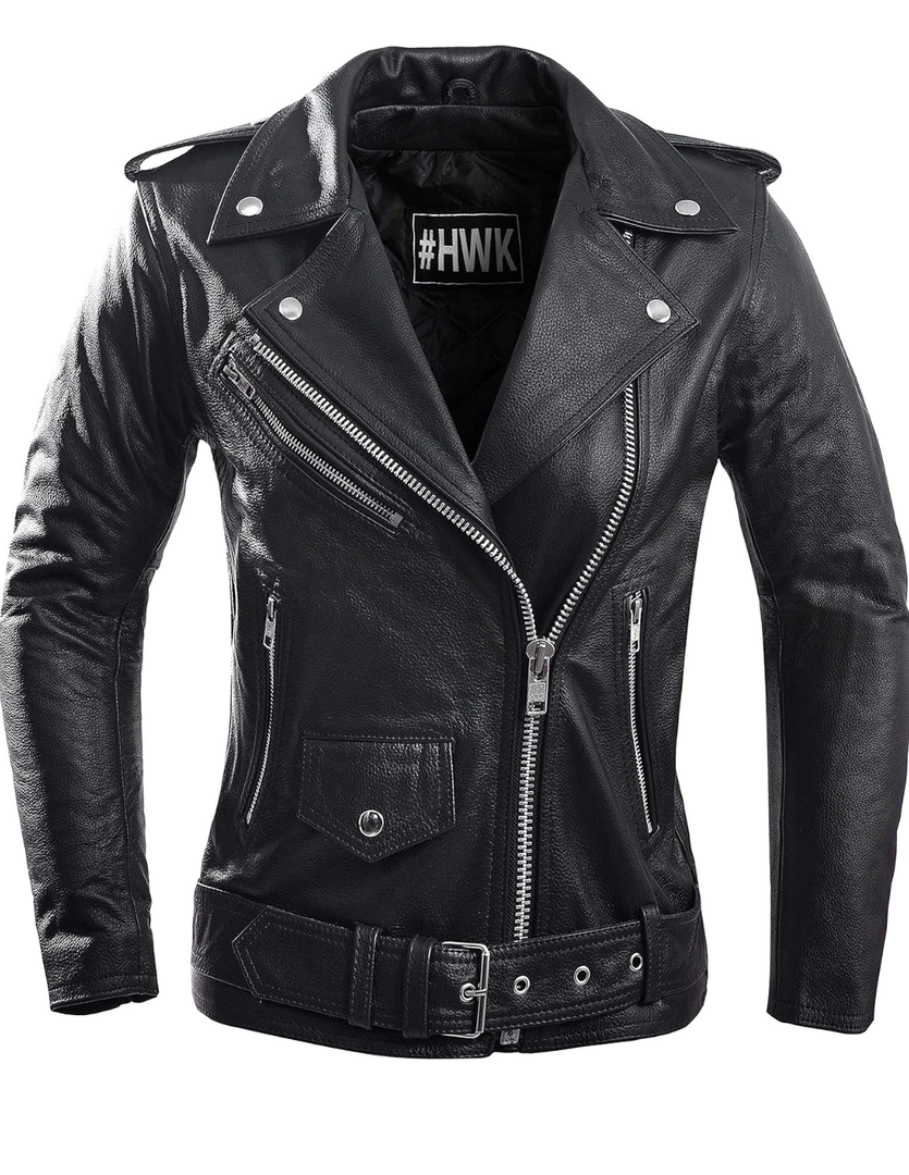 HWK Brando Leather Motorcycle Jacket for Women, Genuine Leather Jacket for Weather & Water Resistant Motorbike Riding L