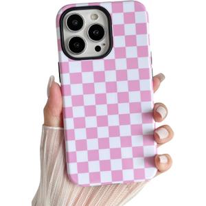 Longlayss Compatible with iPhone 14 Pro Max Case Cute Aesthetic Checkerboard Checkered Phone Case for Women Girl Shockproof Slim TPU and Hard PC Protective Cover (Pink)