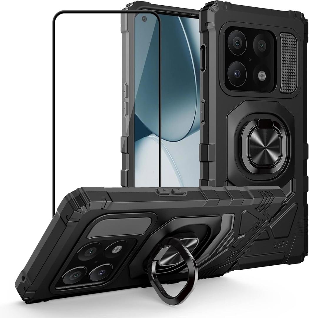 Ailiber Compatible with OnePlus 10 Pro Case, 1+ 10 Pro Case with Screen Protector, Ring Kickstand for Magnetic Car Mount, Heavy Duty Shockproof Protective Rugged Phone Cover for One Plus 10 Pro-Black