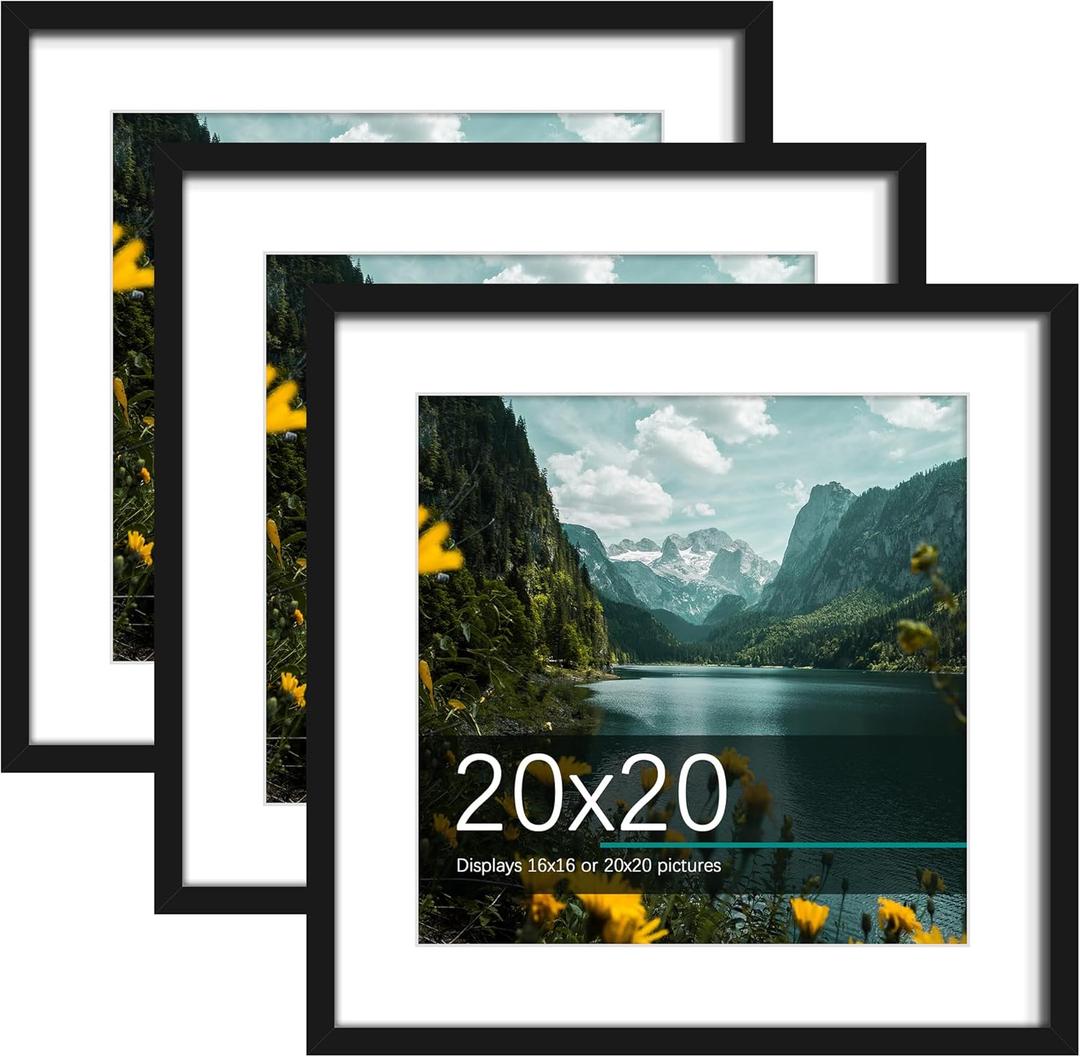 Picrit 20x20 Picture Frame 3 Pack, Display Poster 16 x 16 with Mat or 20 x 20 without Mat for Horizontal or Vertical Wall Mounting, BLACK