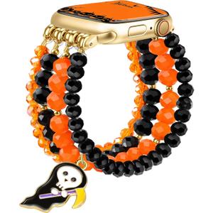 JR.DM Beaded Bracelet Bands for women Compatible with Apple Watch, Fashion Cute Dressy Stretchy Strap for iWatch, Size: 46(S10/11)/45/44/49/42mm(S1/2/3)-S, Halloween (Orange)