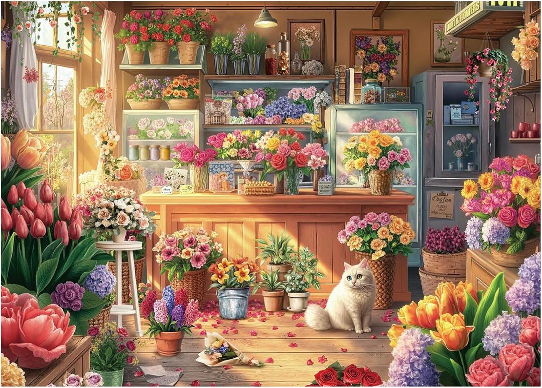 Flower Colorful Shop Puzzle 1000 Pieces for Adults, Spring Floral Plant Cabin Jigsaw Puzzle, Vintage Garden Cat Nature Puzzles