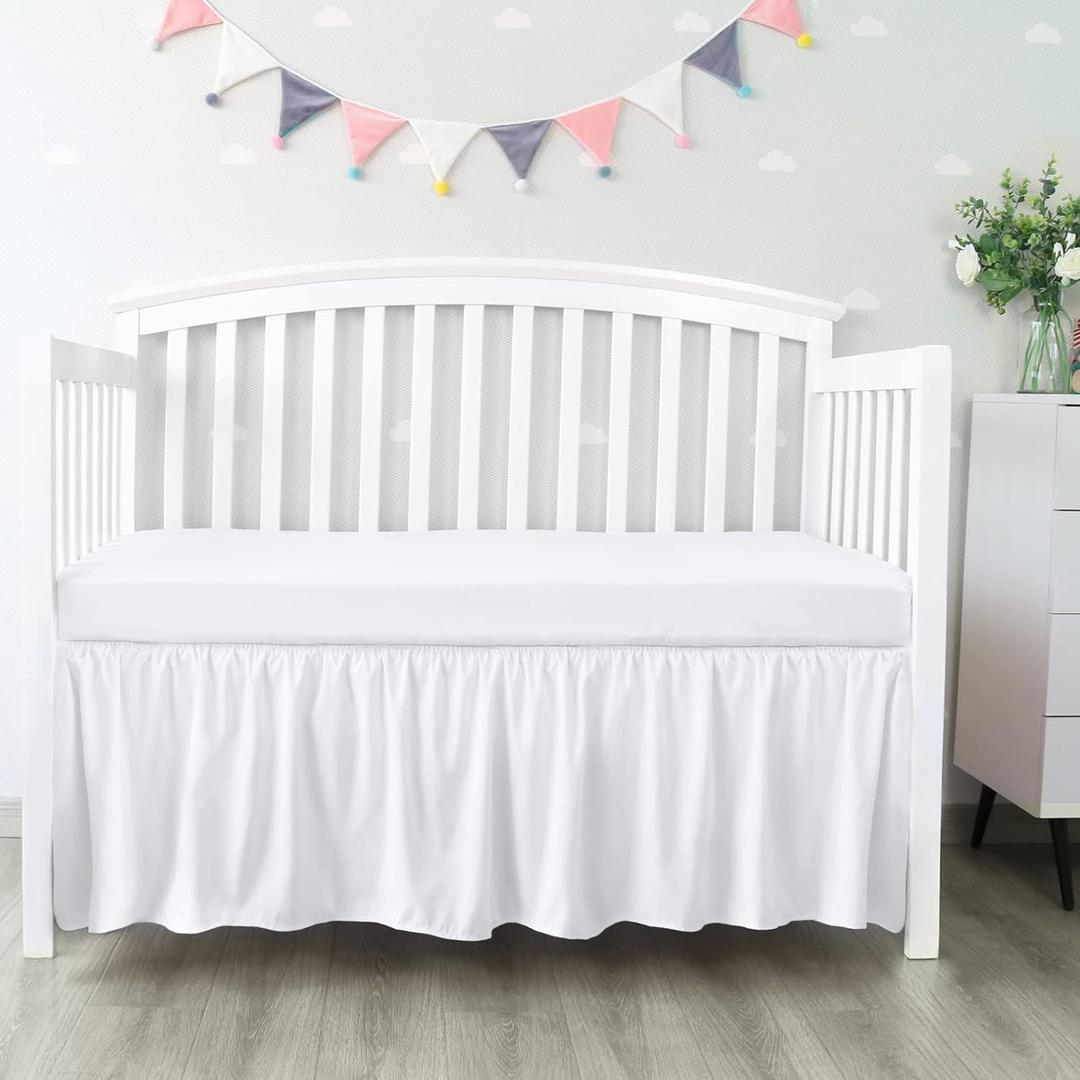 Crib Bed Skirt 28 x 52 with 14 Drop Pleated Dust Ruffle for Baby Boys Girls Elastic Adjustable Fit Toddler Bedskirt Easy On/Off Soft Nursery Standard Crib Bedding Skirts Solid White Crib Skirt