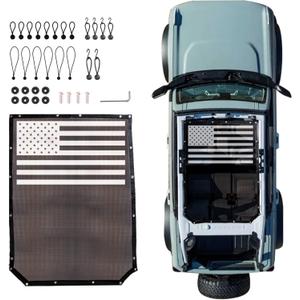 Sunshade Compatible with 2021 2022 2023 2024 2025 New Ford Bronco 4 Door Sun Shade Bikini Top Roof Bimini Soft Mesh Net Exterior Accessories, Blocks UV Wind Noise, with America Flag