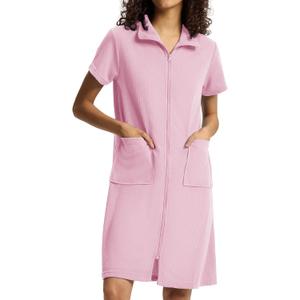 SIORO Zipper Robes for Women Short Sleeve Bathrobes Lightweight House Coat Waffle Knit Knee Length Loungewear with Pockets (Pink, S)