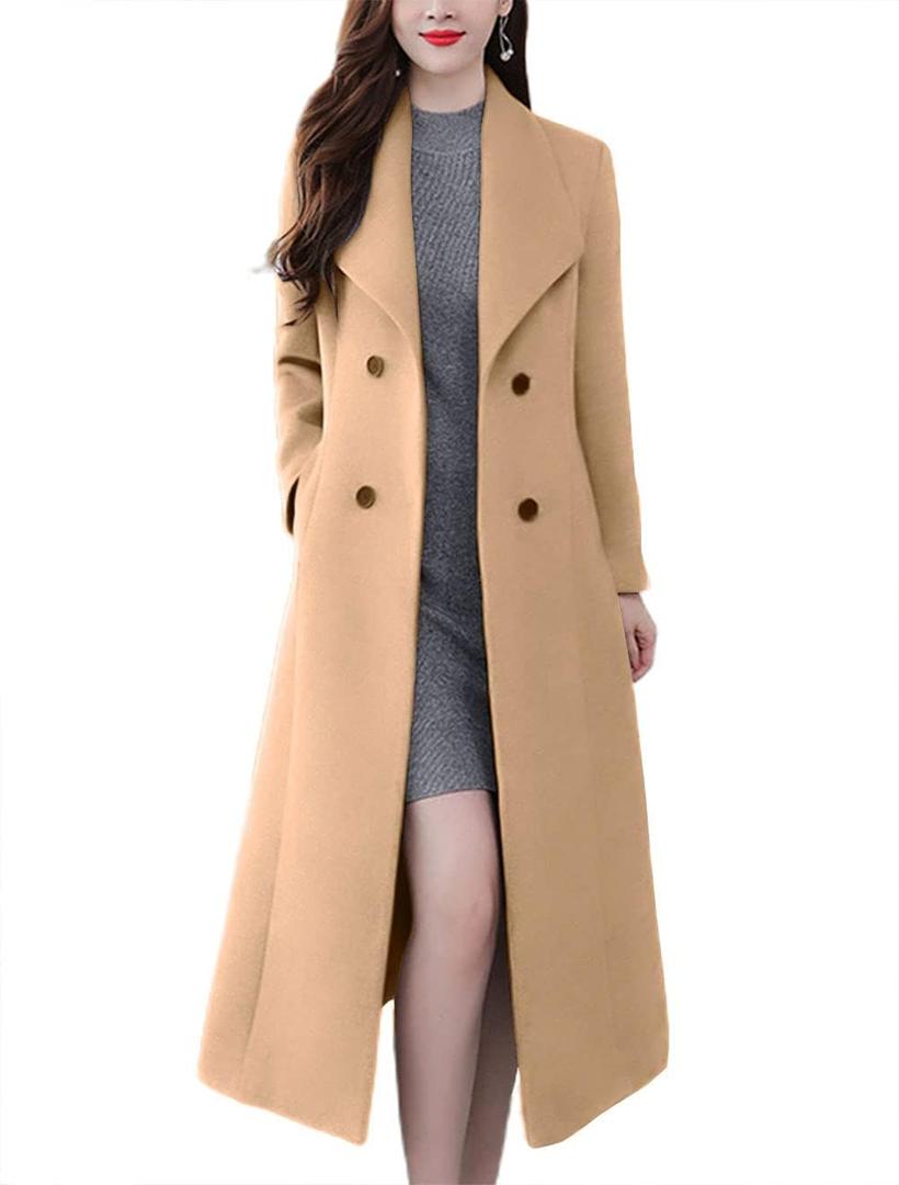 chouyatou Women's Maxi Long Wool Blend Pea Coat Shawl Collar Double Breasted Winter Trench Coat Overcoat