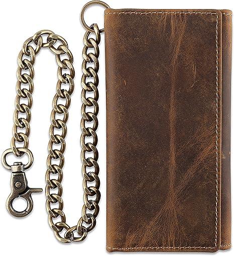 F&L CLASSIC RFID Blocking Mens Tri-fold Long Style Cowhide Leather Steel Chain Wallet,buffalo wax vintage leather,212 wax brown