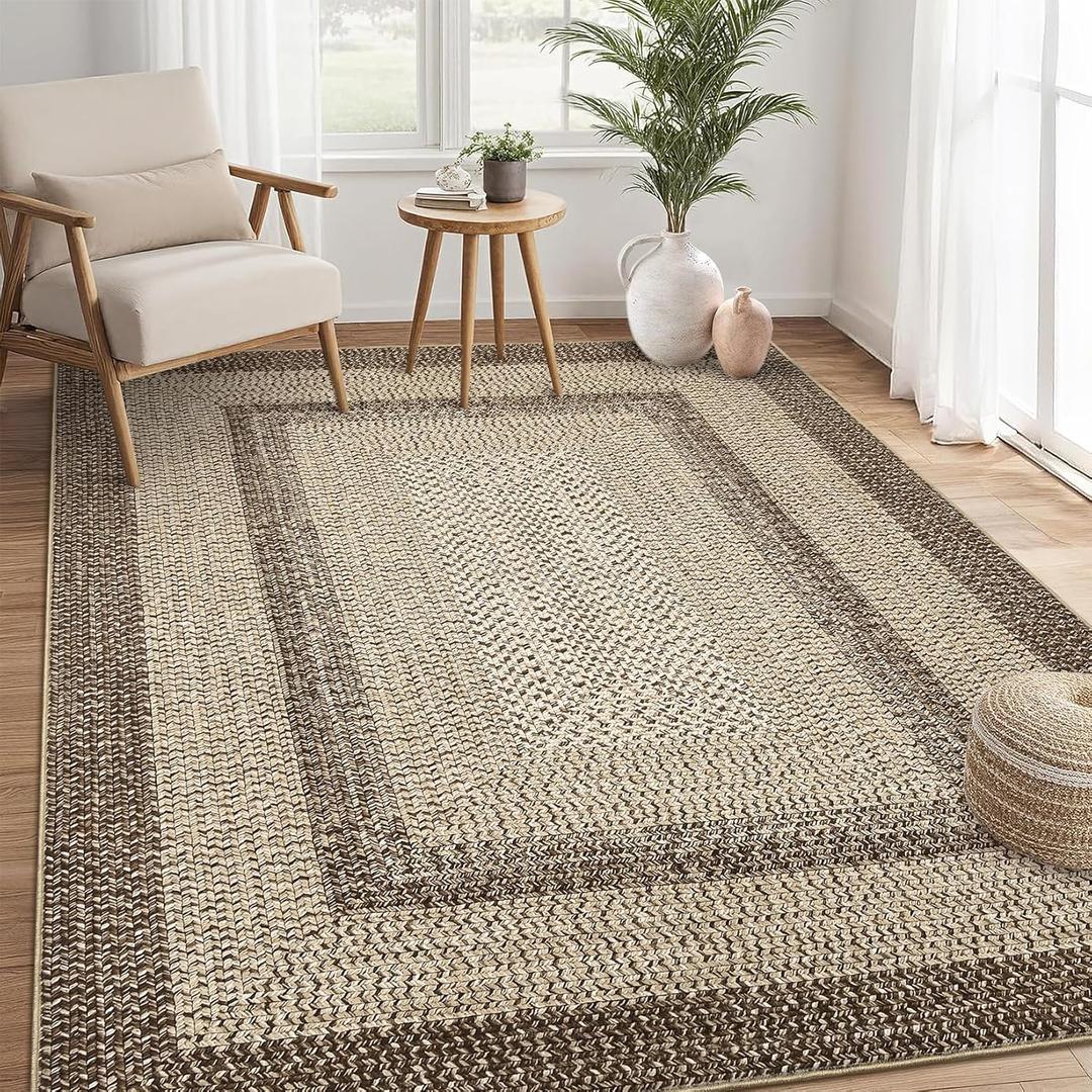 RUGSREAL 10x13 Large Living Room Rug Braided Print Boho Accent Throw Carpet Farmhouse Rustic Rug with Rubber Backing Geometric Bordered Area Rug Bohemian Carpet for Bedroom Home Decor Office, Camel